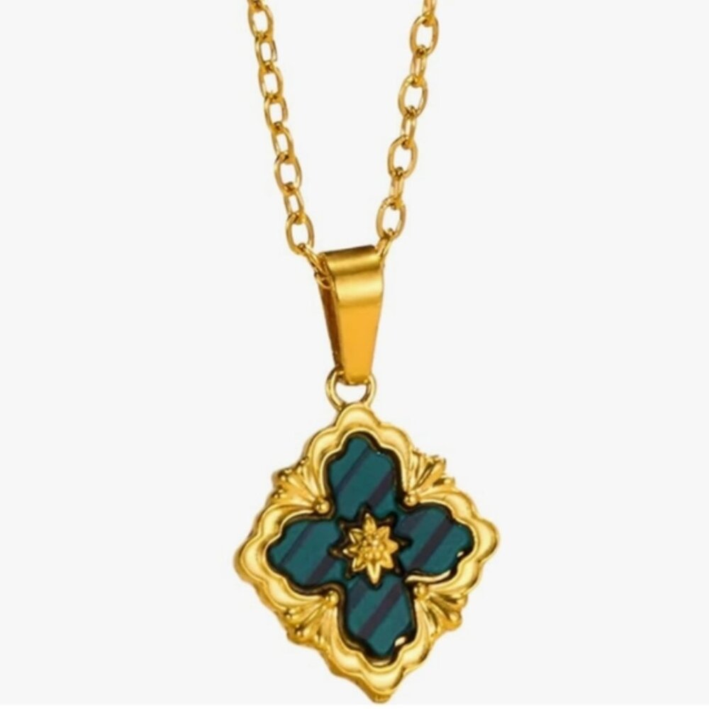 69. Gold Tone and Green/Black Pendant Necklace Stainless Steel